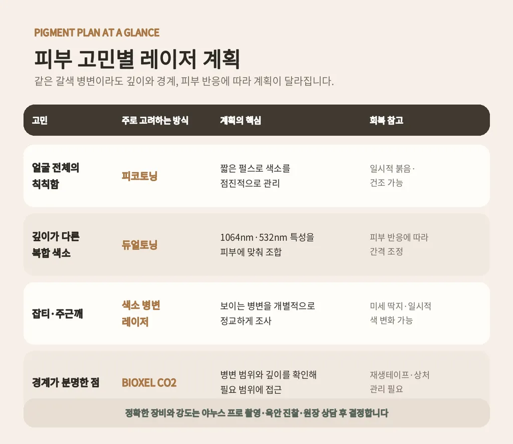피부 고민별 레이저 계획 비교표