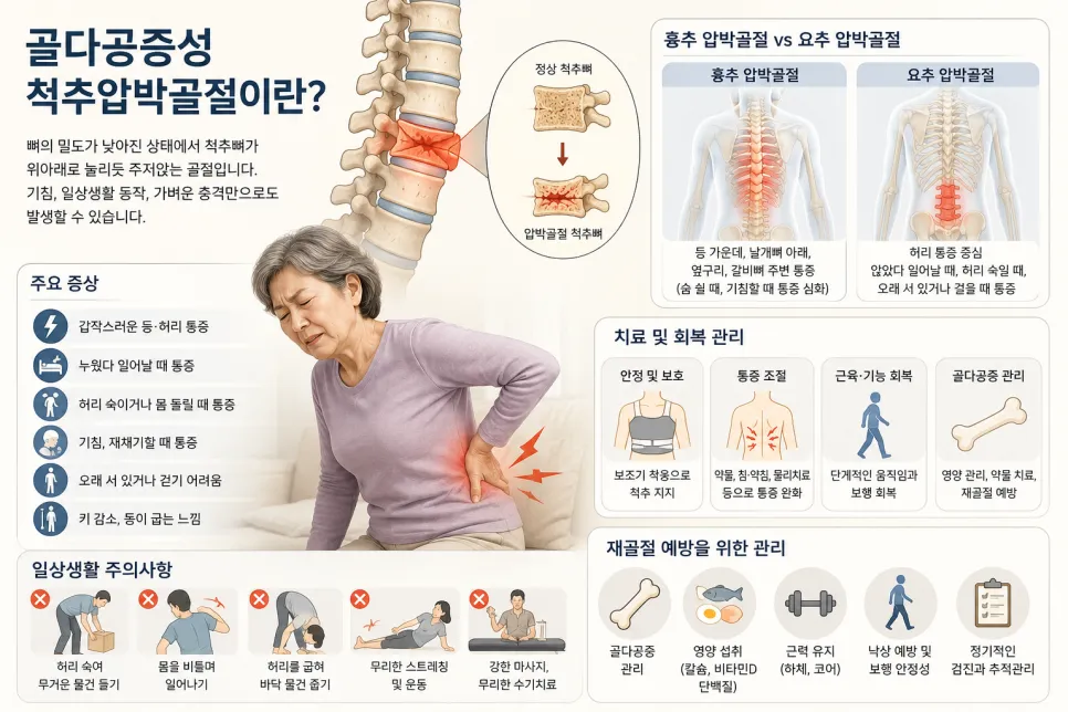 골다공증성 척추압박골절이란? 흉추·요추 압박골절 증상과 치료, 회복 과정